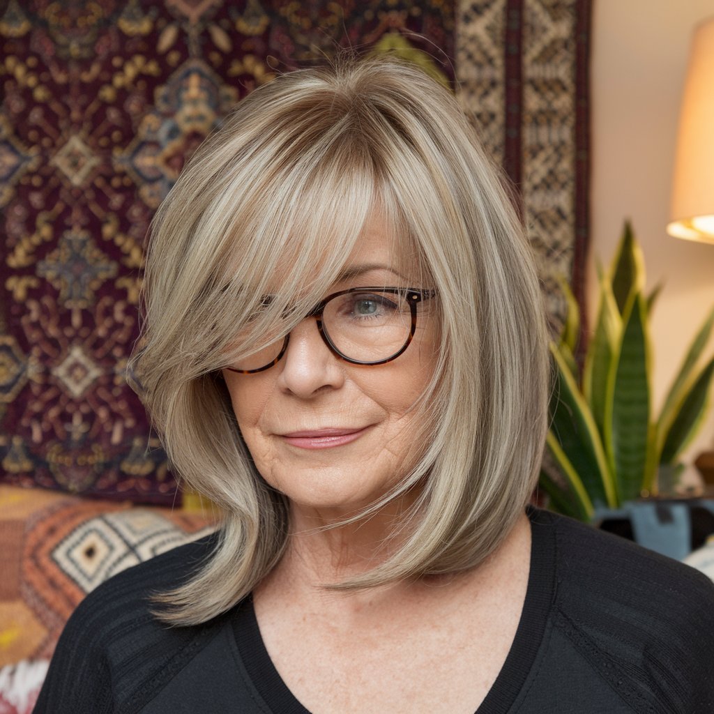 Woman with a medium-length bob featuring side bangs