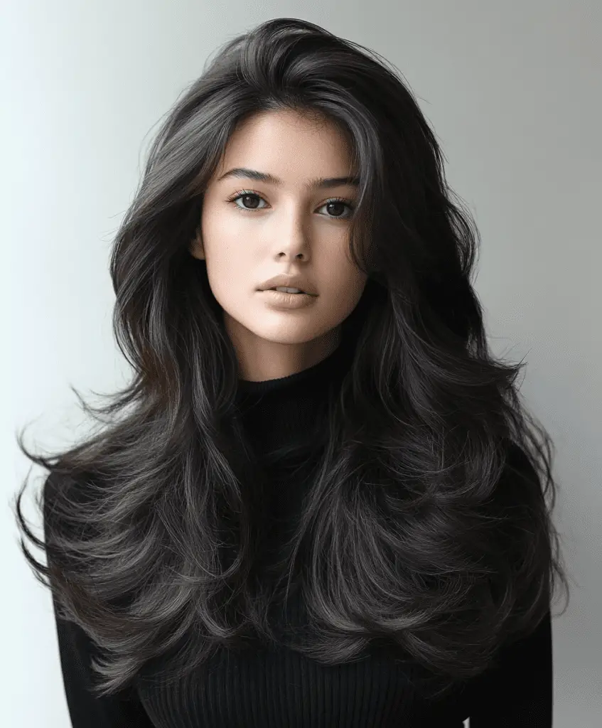 Woman with a long shag haircut featuring choppy layers and textured ends in brown hair