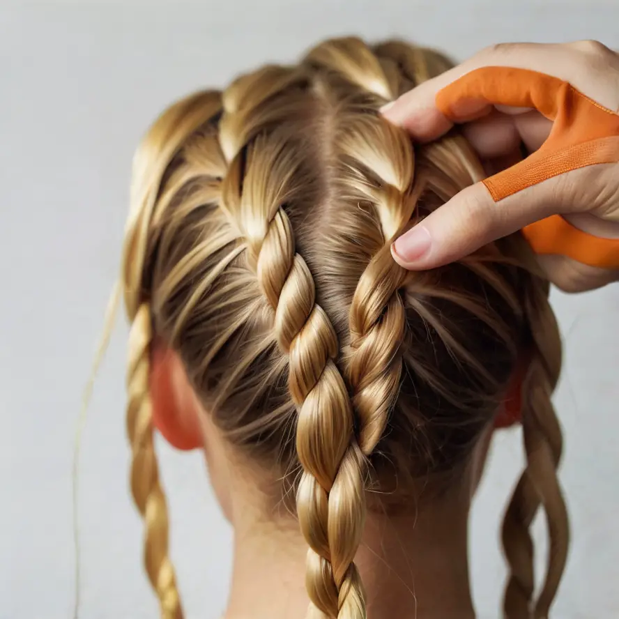 Woman starting a French braid on one side of her head