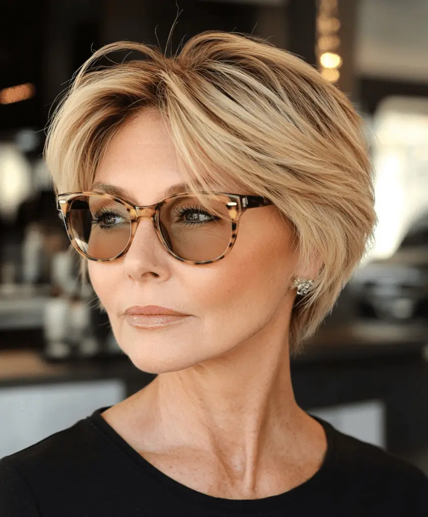 Coiffure courte effilée avec du volume pour les femmes de plus de 50 ans qui portent des lunettes