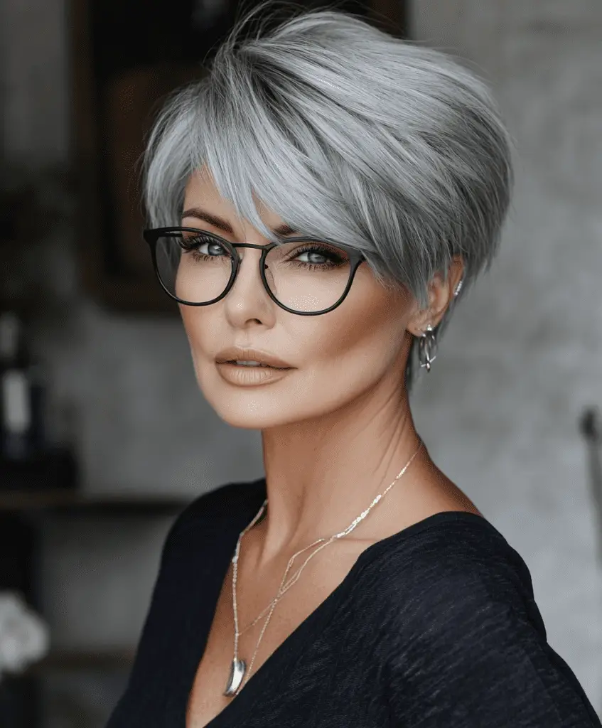 Peinado de corte Pixie gris para mujeres mayores de 50 años