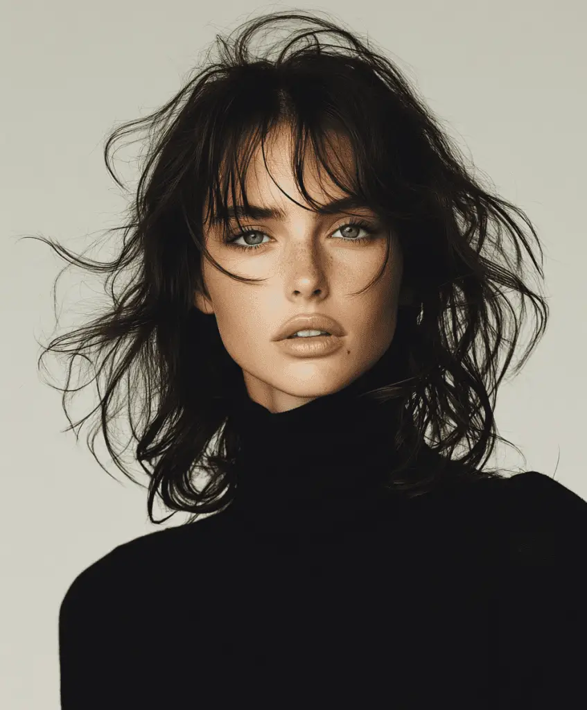 A model with soft waves and curtain bangs framing her face