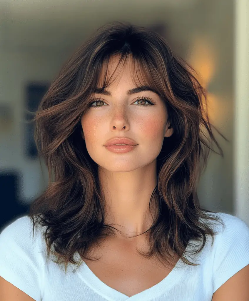 Medium-length hairstyle with waves and curtain bangs