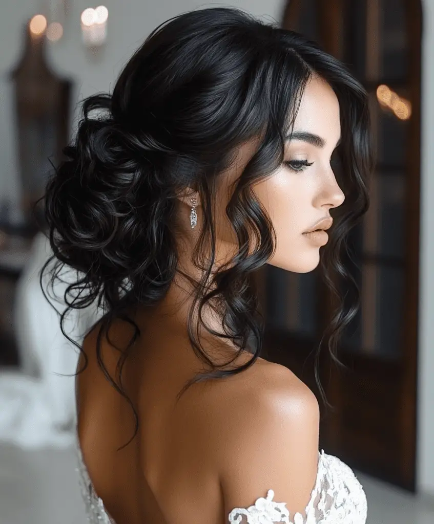 Woman with a long curly updo, her blonde hair styled in a voluminous, elegant updo