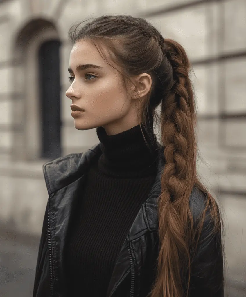 Woman with a long braided side ponytail, her dark brown hair styled in a chic braid