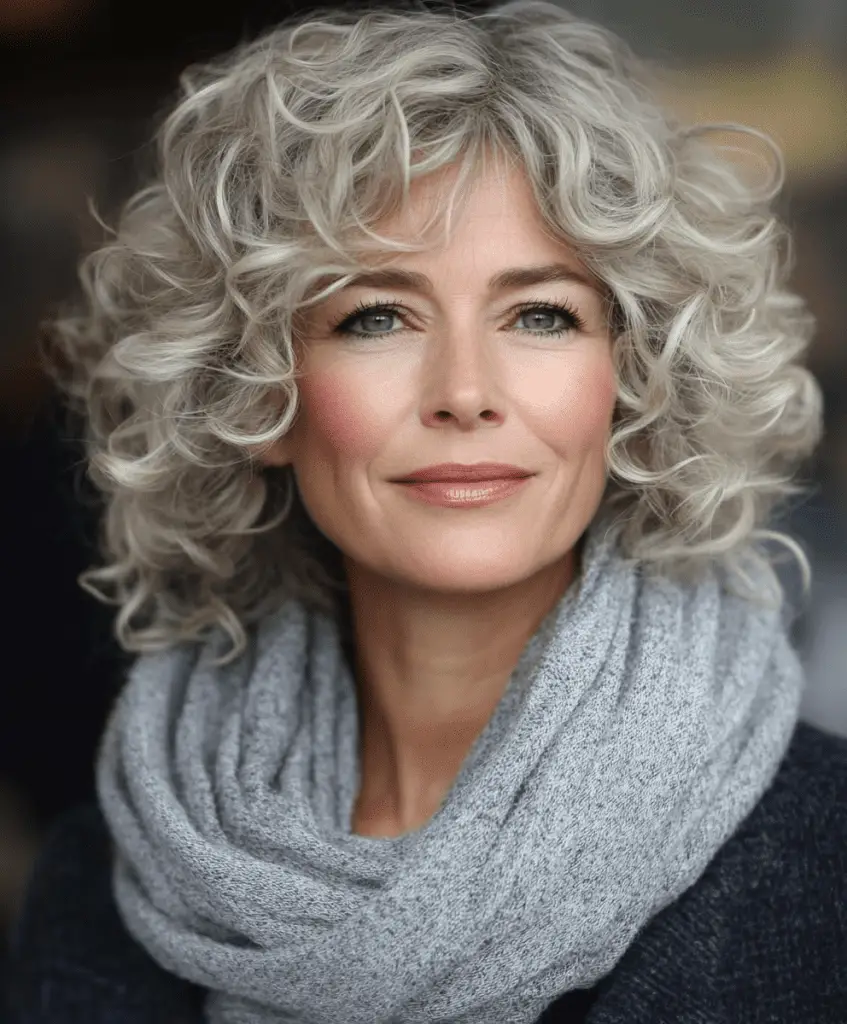 Curly hairstyle with a soft, rounded shape for older women