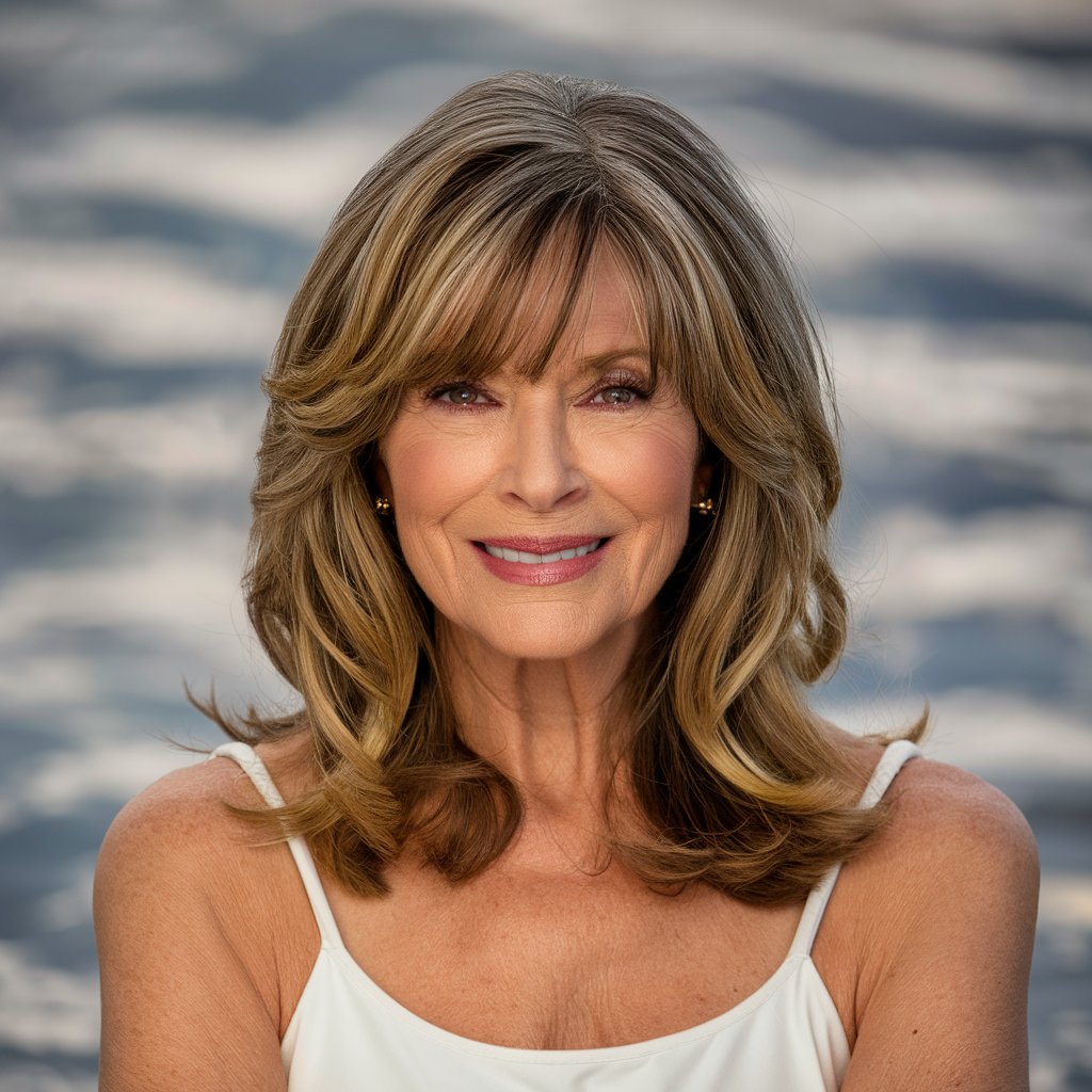 Shoulder-length wavy hair with bangs for women over 60