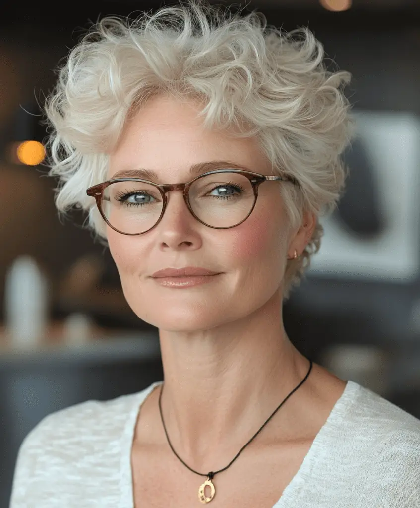 Curly pixie hairstyle with tapered sides for women over 50