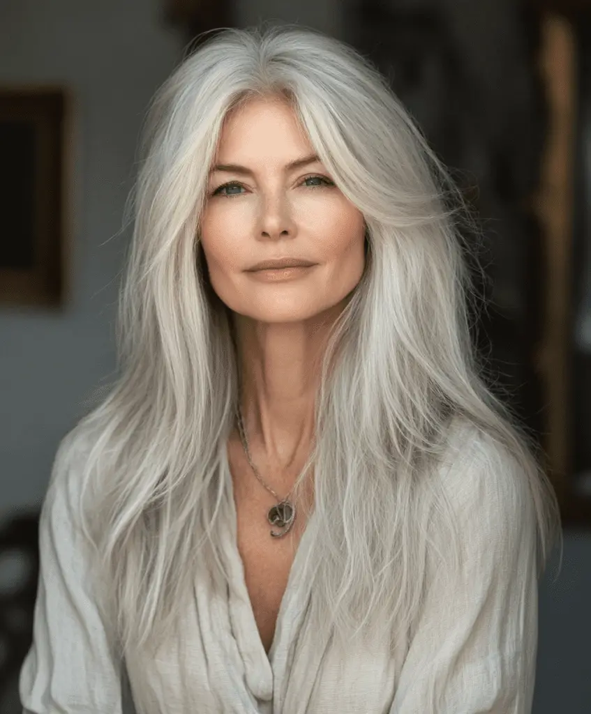 Long hair with silver highlights for women over 50