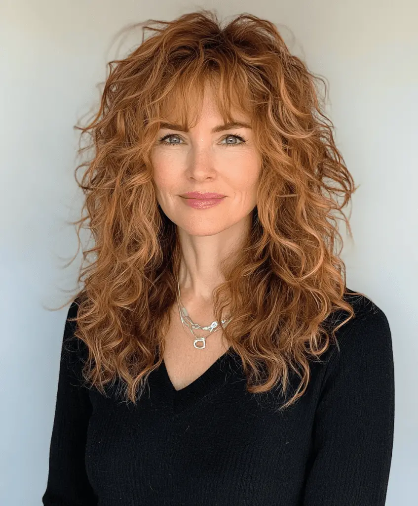 Curly hairstyle with layers and bangs for older women