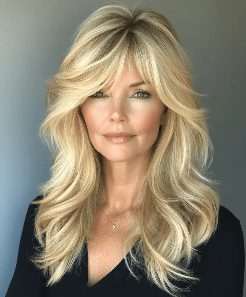 Medium-length hairstyle with blonde waves and side bangs