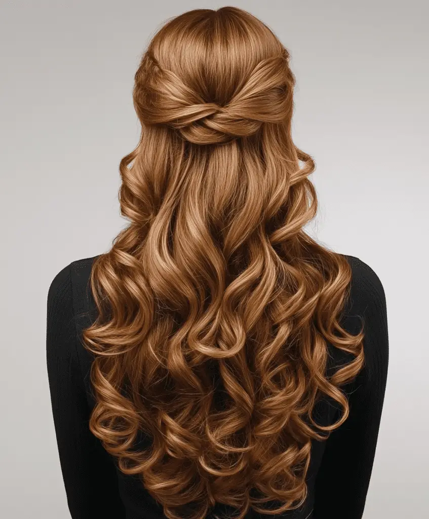 Woman with long side-swept curls in dark brown hair, creating a romantic hairstyle