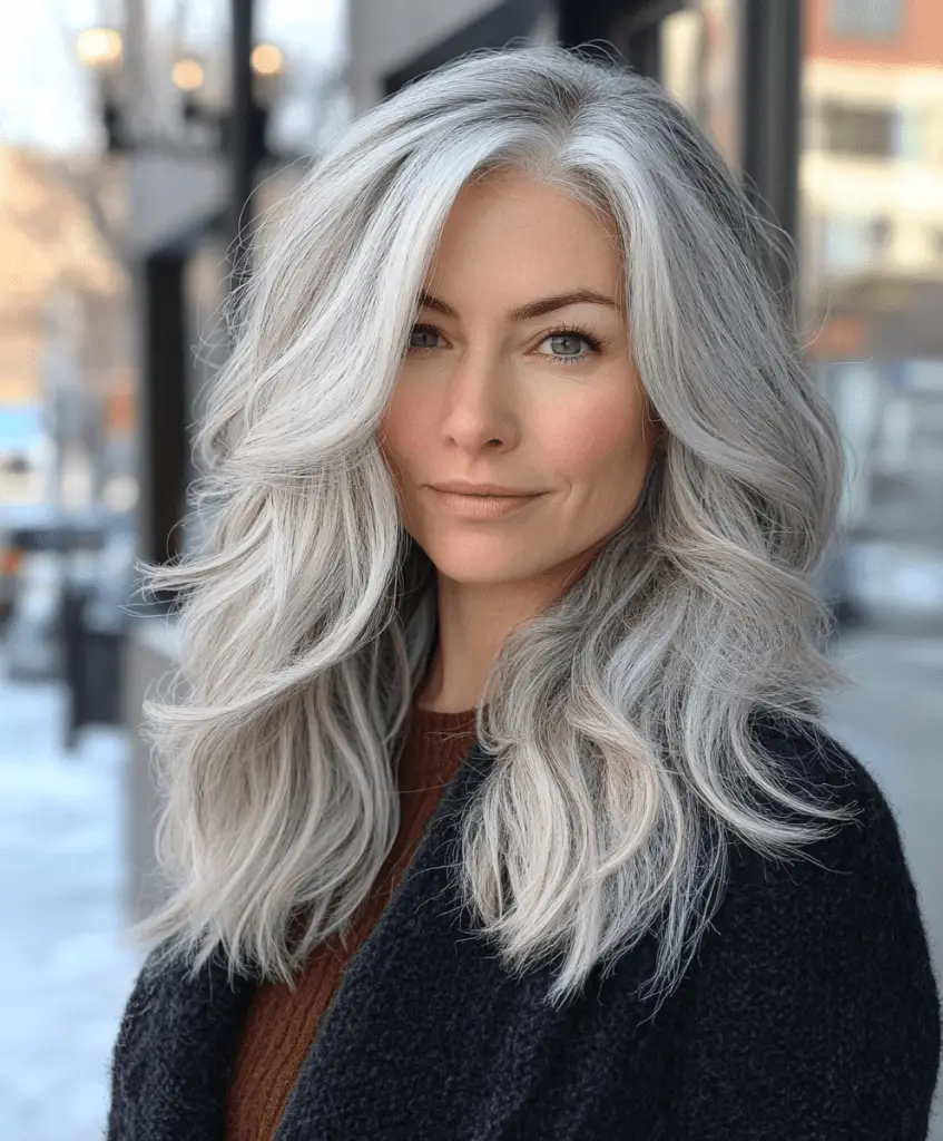 Long hair with twisted half-up style for women over 50