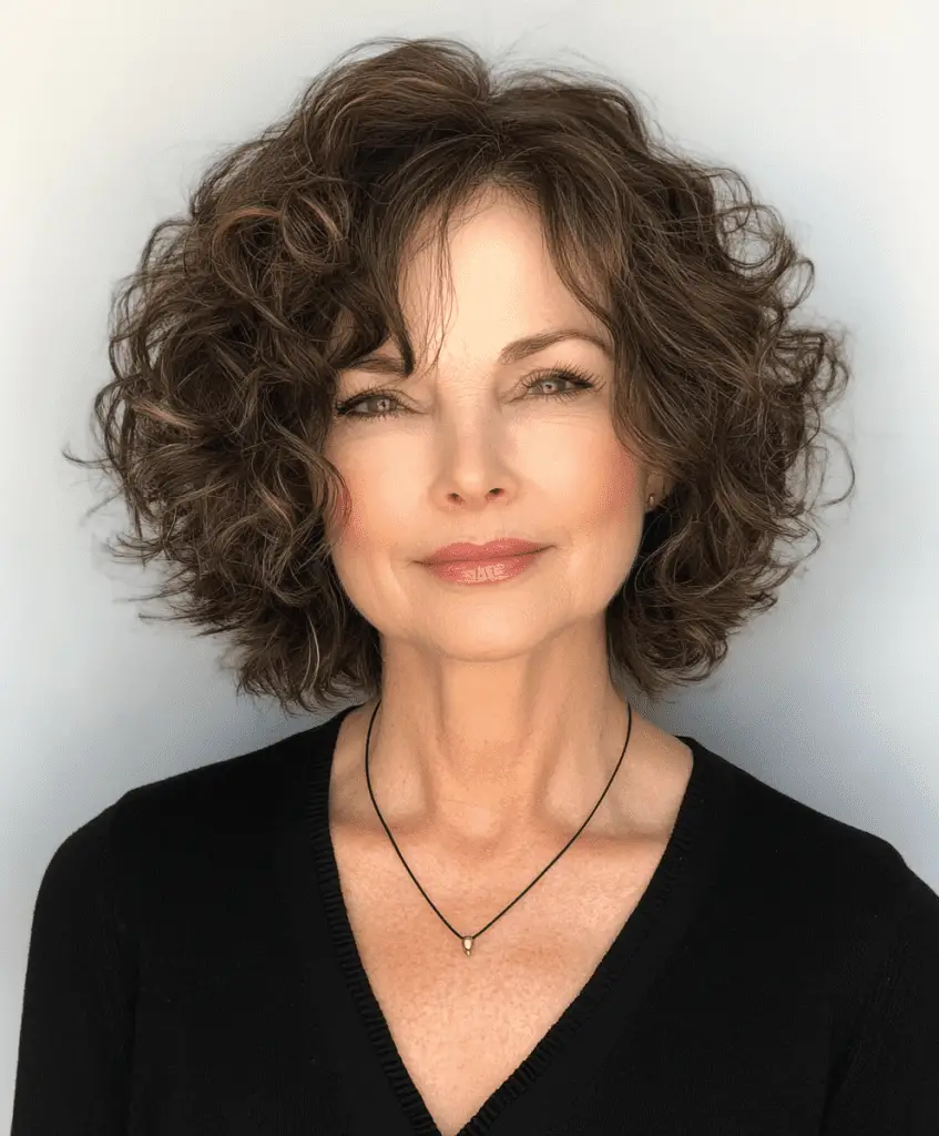 Curly bob with side-parted bangs hairstyle for women over 50