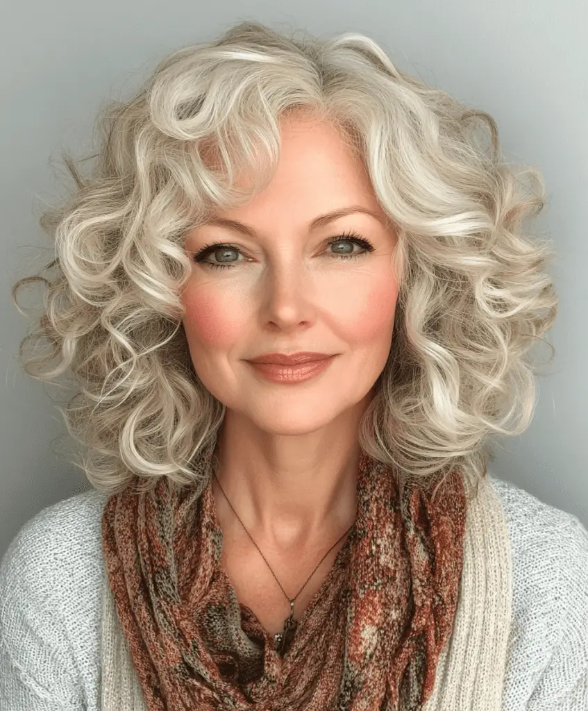 Curly hairstyle with side fringe for women over 50