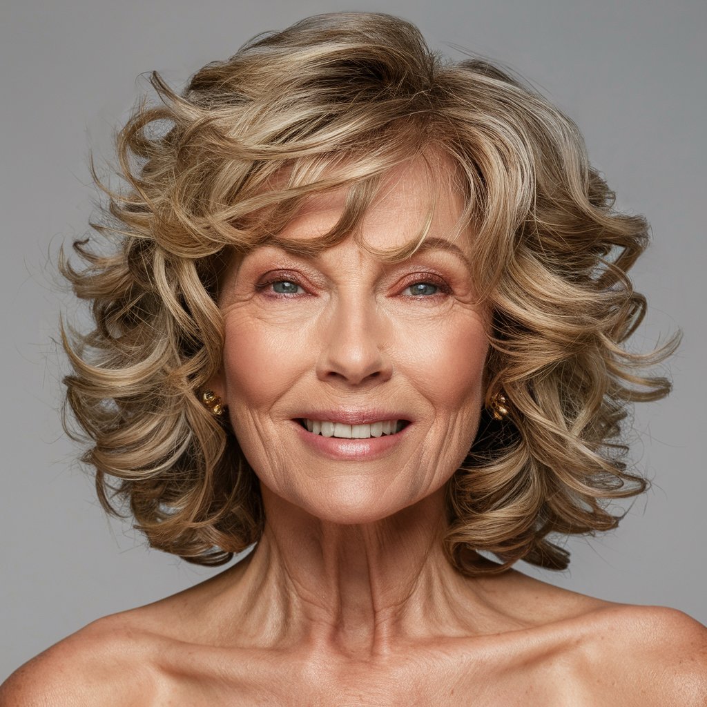 Curly long bob with bangs for women over 60