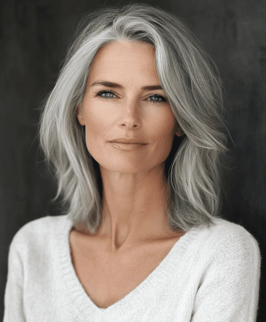 Gray shoulder-length hairstyle with layers for thin hair