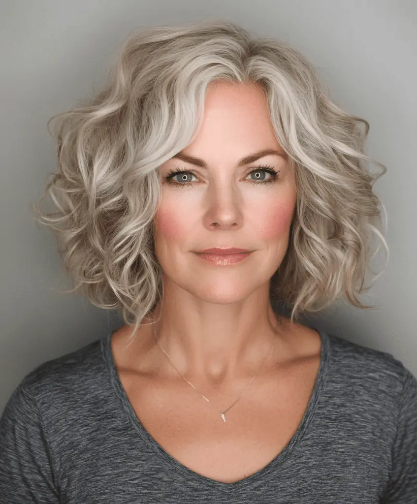 Curly bob with choppy layers hairstyle for older women