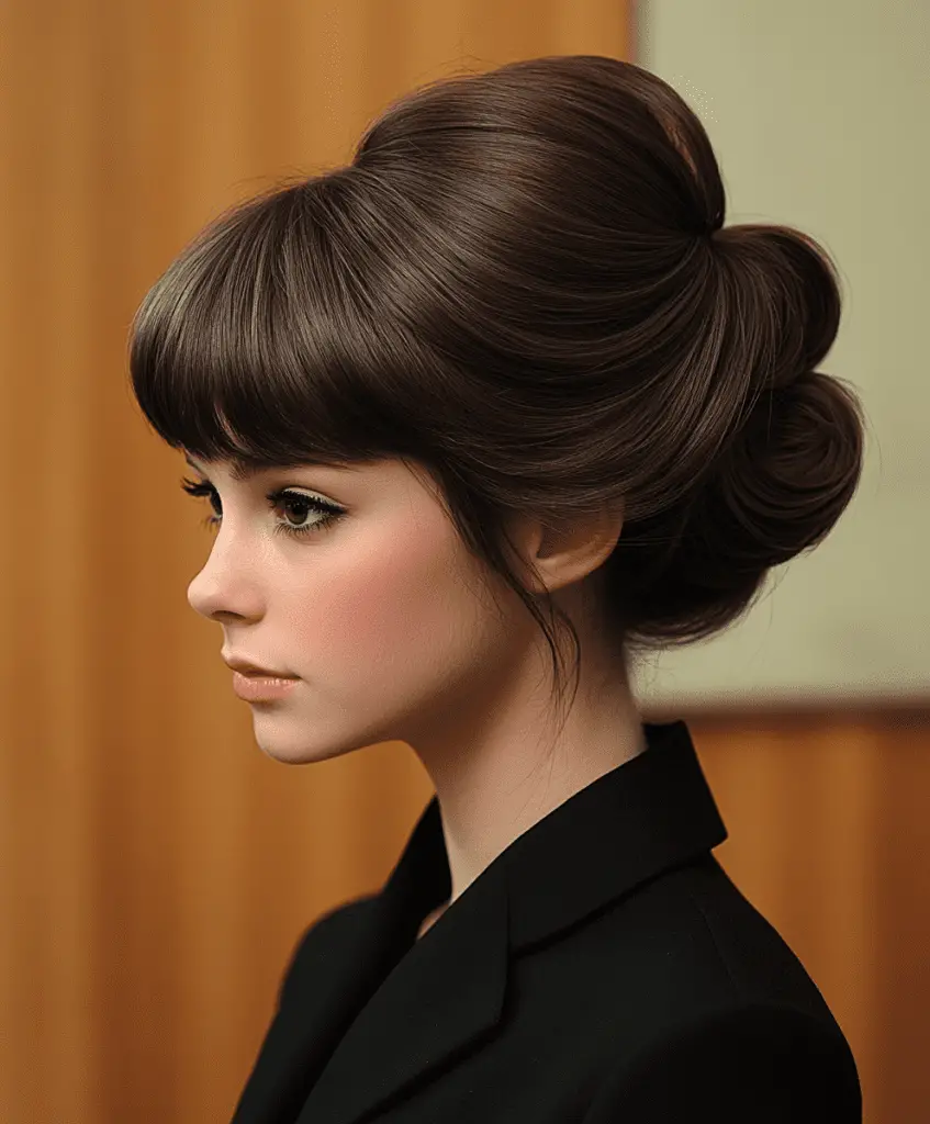 Woman with long retro flip hairstyle, her dark brown hair styled with outward flips