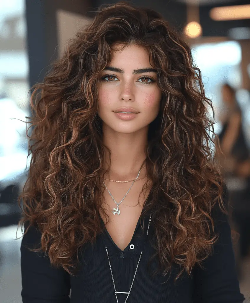 Woman with naturally long curly hair, embracing the volume and texture of dark brown curls.