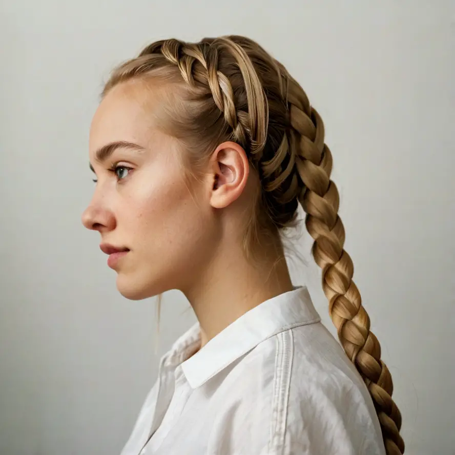 Woman incorporating additional hair into her French braid