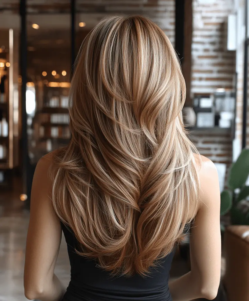 Mahogany brown hair with sun-kissed blonde highlights