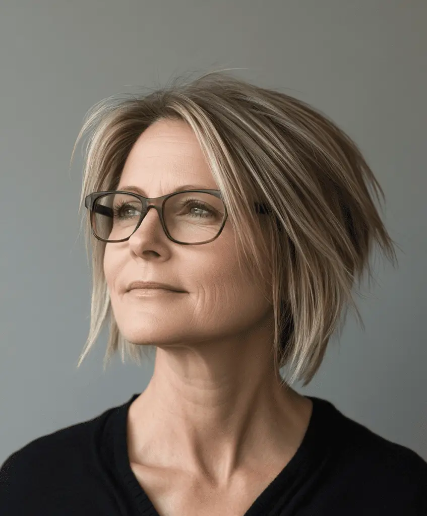 Coupe de cheveux asymétrique au carré pour les femmes de plus de 50 ans avec des lunettes