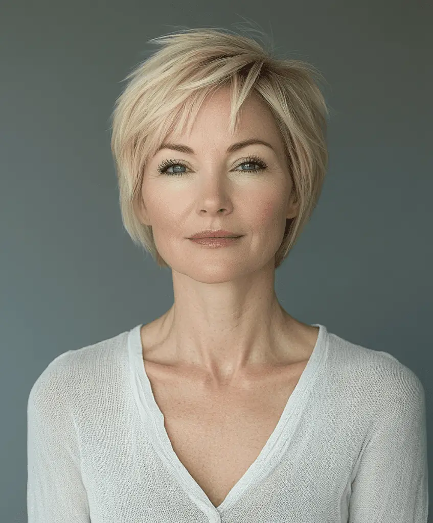 Short hairstyle with side-swept bangs for women over 50