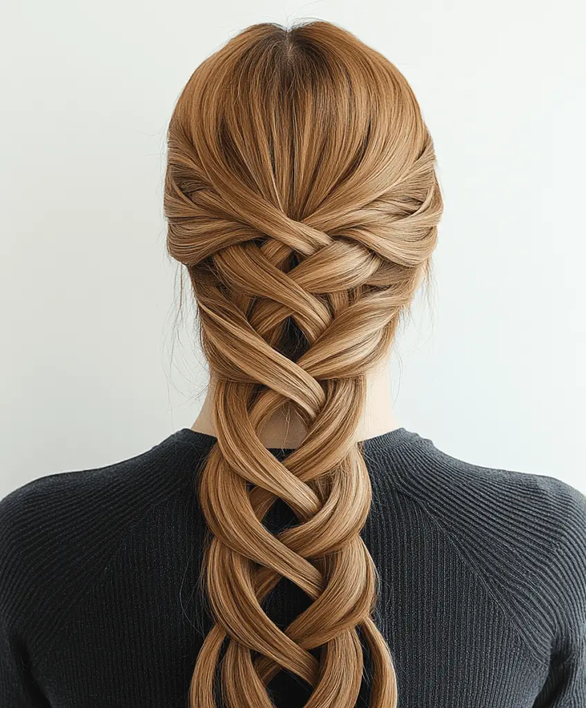 Woman with a long criss-cross braid, her blonde hair styled in an intricate braid pattern