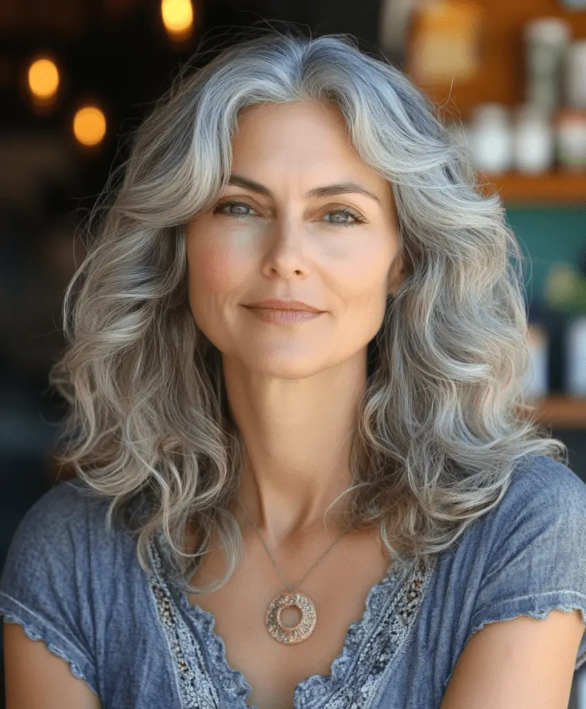 Softly layered curls with gray highlights