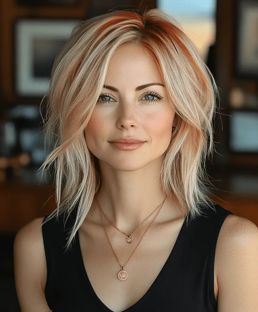 Blonde hair with copper lowlights on long