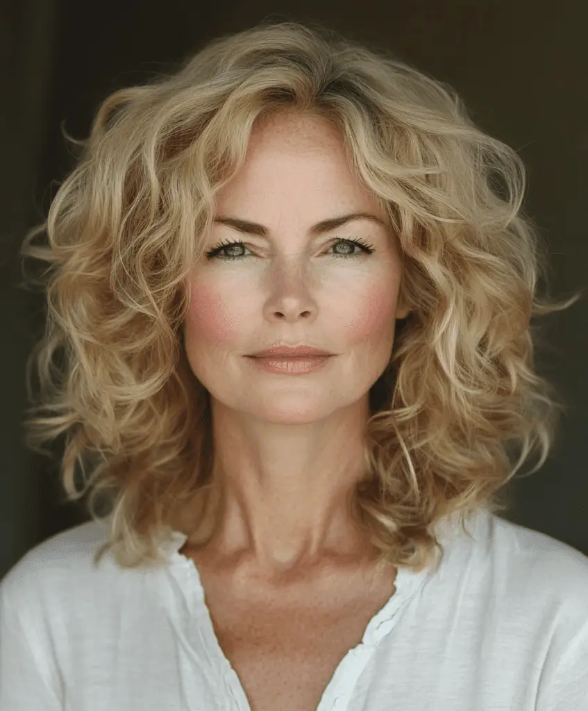 Curly hairstyle with a side sweep for older women