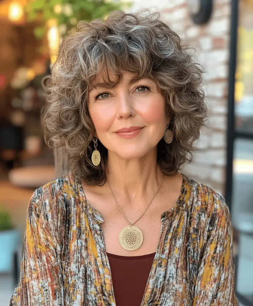 Curly hairstyle with a textured fringe for women over 50