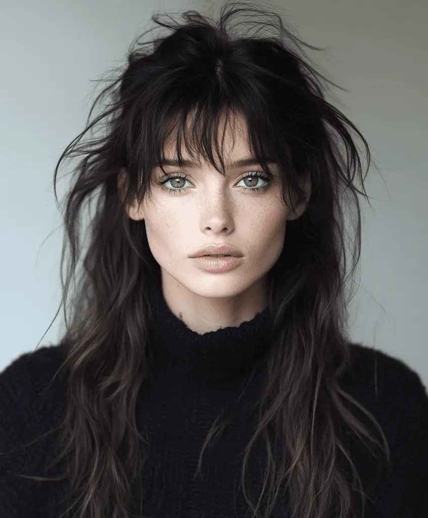 Woman with long hair and blunt bangs, adding a youthful touch to her brown hairstyle