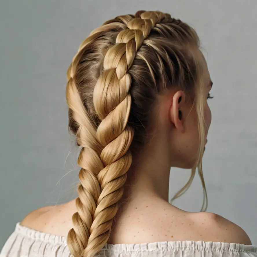 Woman finishing a French braid at the nape of her neck