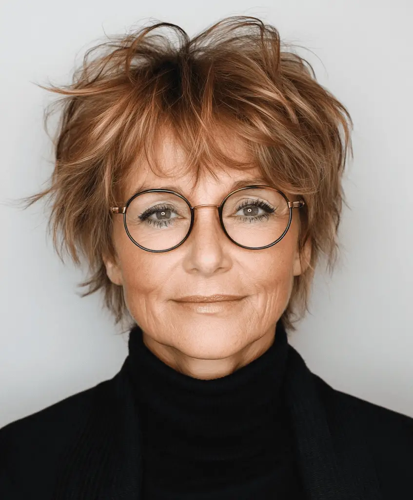 Short shag cut with layers for women over 50 wearing glasses