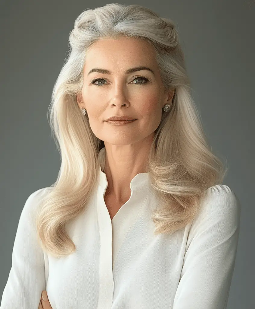 Half-up, half-down long hairstyle for women over 50