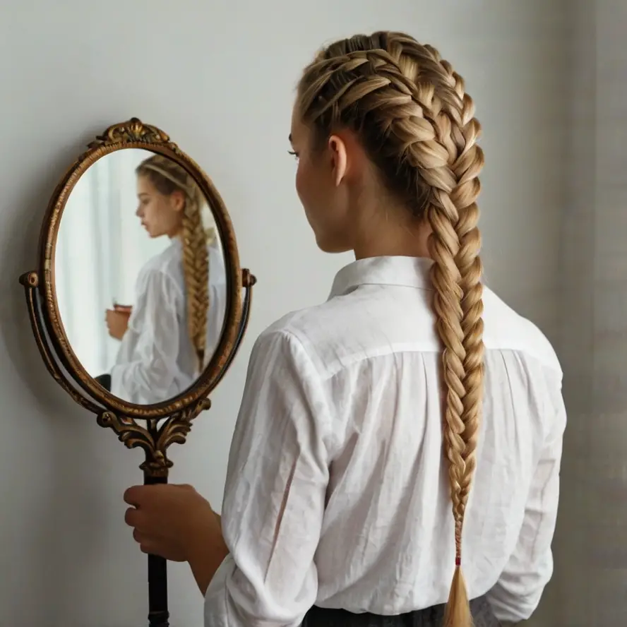 Woman creating a second French braid on the opposite side of her head