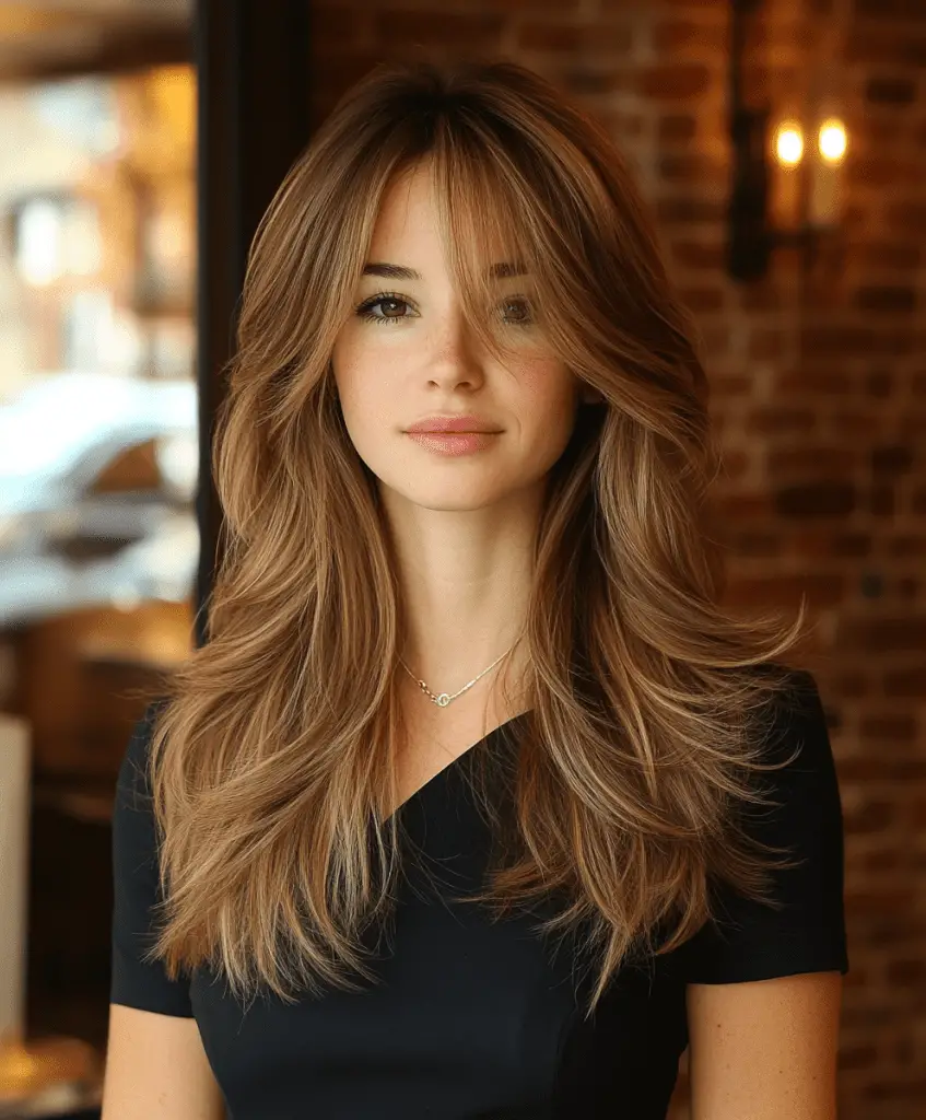 Long layered haircut with curtain bangs