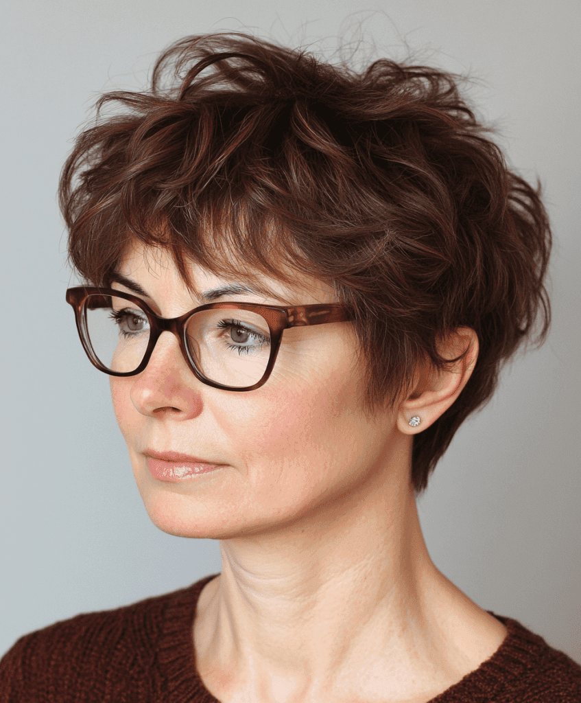 Coiffure texturée avec frange pour femme de plus de 50 ans avec lunettes