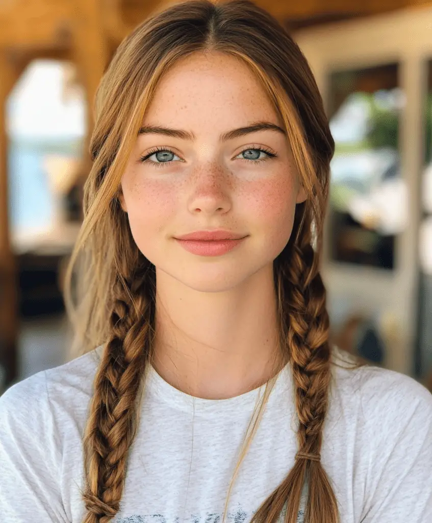 Woman with a long braid, her dark brown hair styled in an intricate three-strand braid