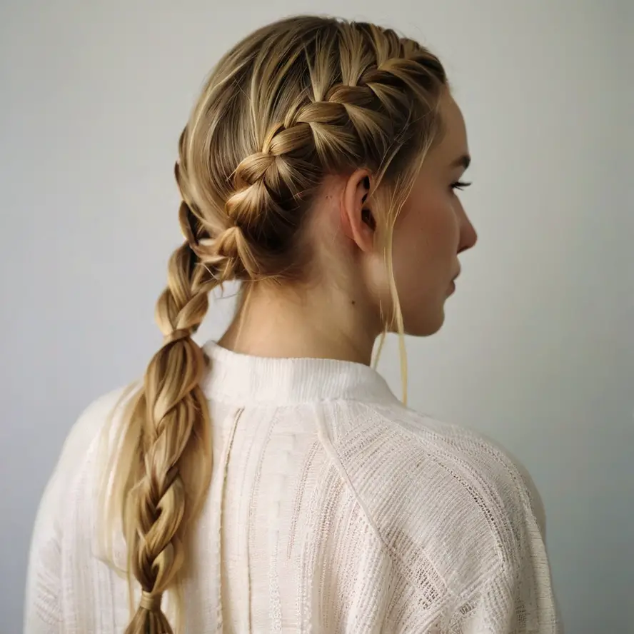 Woman gathering both French braids into a low ponytail at the nape of her neck