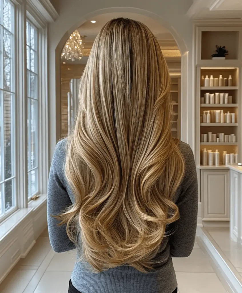 Long, layered hair with caramel blonde highlights