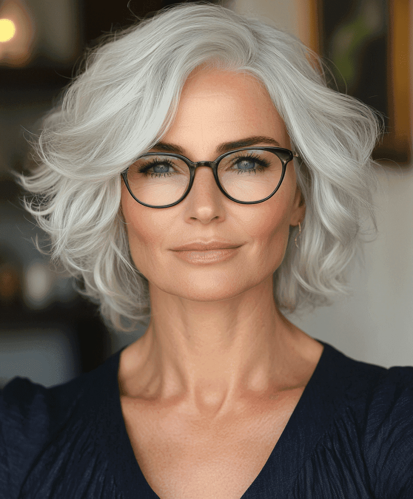 Short bob with soft waves for women over 50 wearing glasses