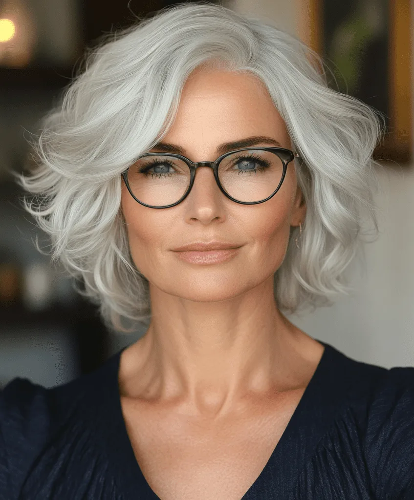 Bob corto con ondas suaves para mujeres mayores de 50 años que usan gafas