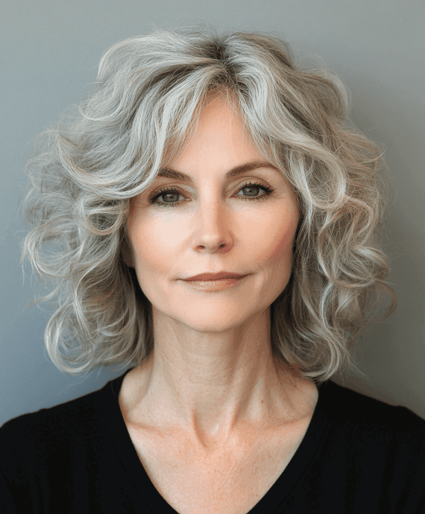 Medium-length curly shag hairstyle for older women