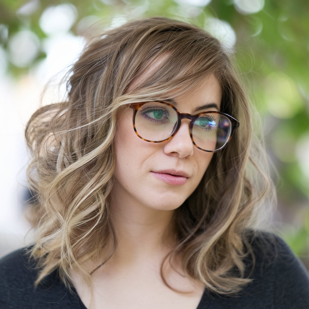 Woman with soft curls and side-swept bangs