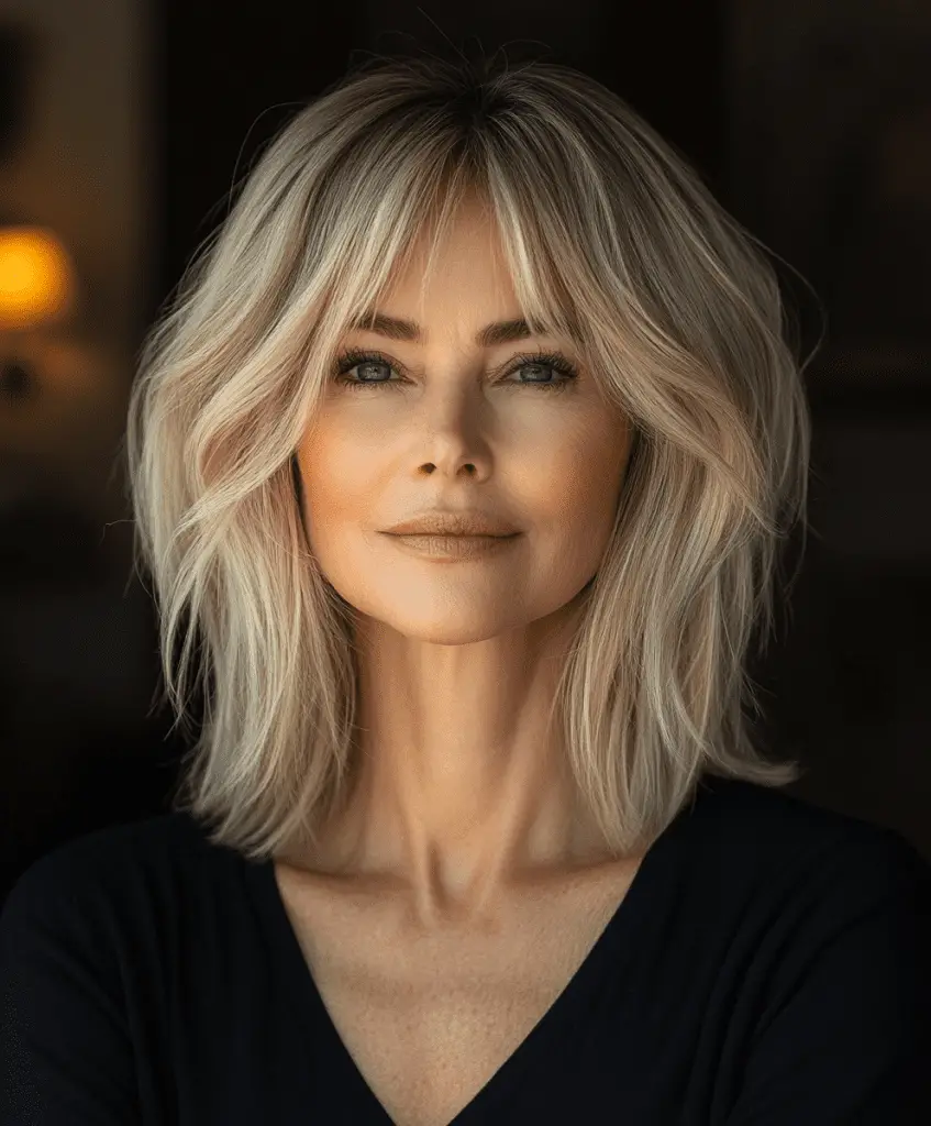 Chin-length bob with textured bangs for women over 60