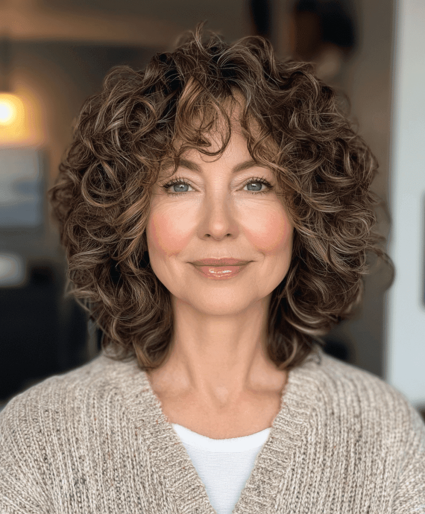 Curly bob with bangs hairstyle for women over 50