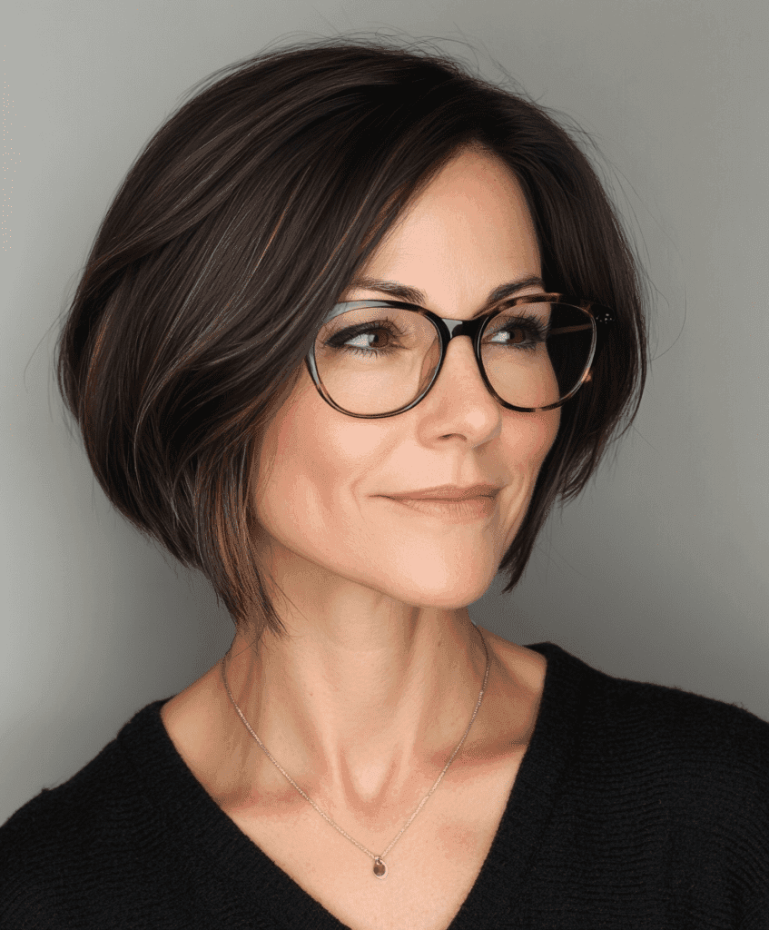 Classic bob hairstyle for women over 40 with glasses